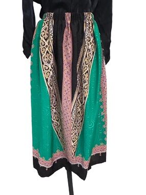 Vintage Toni Todd Bold Jewel Tone Print Midi Skirt — Teal, Orange & Purple M